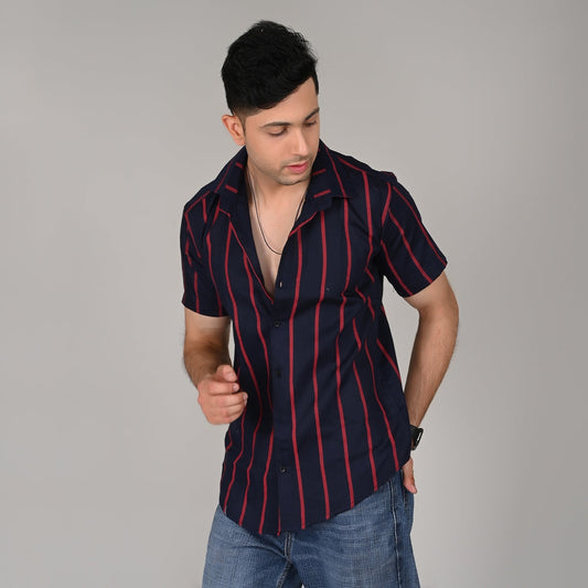 Men’s Casual Black & Red Striped Half Sleeve Cotton Shirt | kottonthread | UHSS‑14