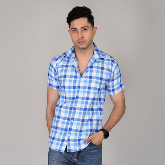 Men’s Casual Blue Checked Half Sleeve Cotton Shirt | kottonthread | UHSS‑13