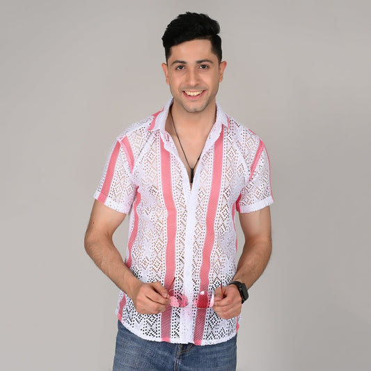 Men’s Casual Pink & White Knitted Half Sleeve Cotton Shirt | kottonthread | SHS‑05