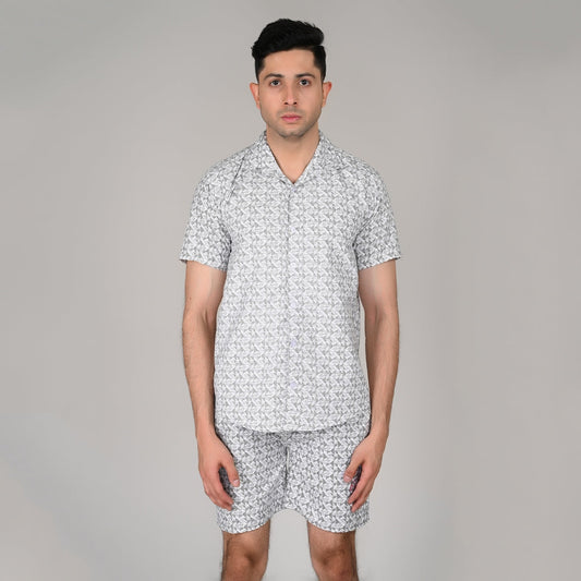 Men’s Stylish Shirt & Half Pant Co-ord Set | White Printed | Comfortable & Trendy Cotton Set with Modern Fit for Everyday Wear | CS‑49