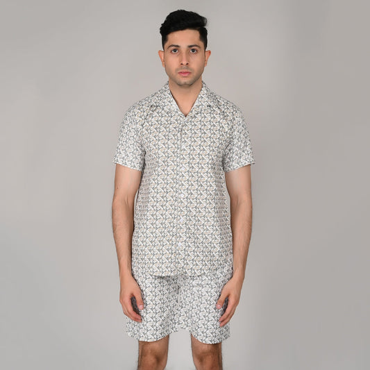 Men’s Stylish Shirt & Half Pant Co-ord Set | Grey Printed | Comfortable & Trendy Cotton Set with Modern Fit for Everyday Wear | CS‑48