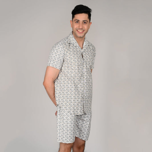 Men’s Stylish Shirt & Half Pant Co-ord Set | Grey Printed | Comfortable & Trendy Cotton Set with Modern Fit for Everyday Wear | CS‑48