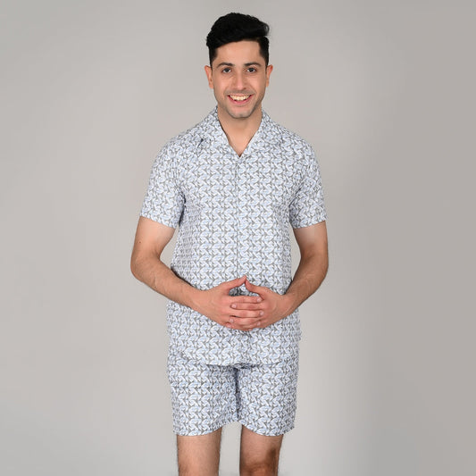 Men’s Stylish Shirt & Half Pant Co-ord Set | White Printed | Comfortable & Trendy Cotton Set with Modern Fit for Everyday Wear| CS‑47