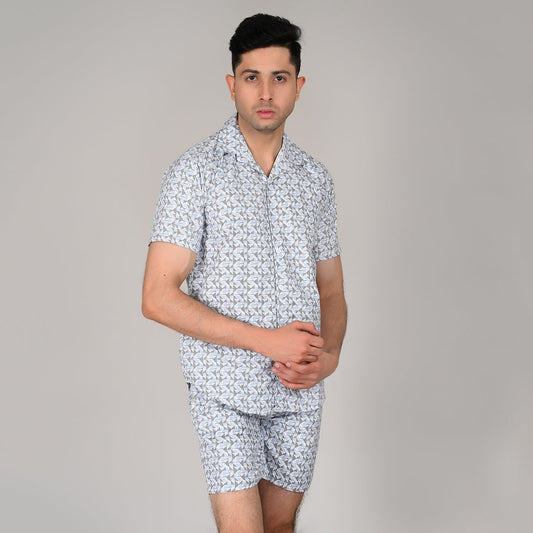 Men’s Stylish Shirt & Half Pant Co-ord Set | White Printed | Comfortable & Trendy Cotton Set with Modern Fit for Everyday Wear| CS‑47