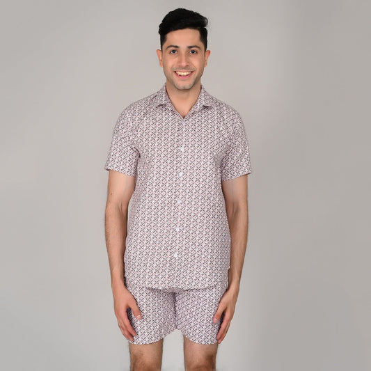 Men’s Stylish Shirt & Half Pant Co-ord Set | Brown Printed | Comfortable & Trendy Cotton Set with Modern Fit for Everyday Wear | CS‑46