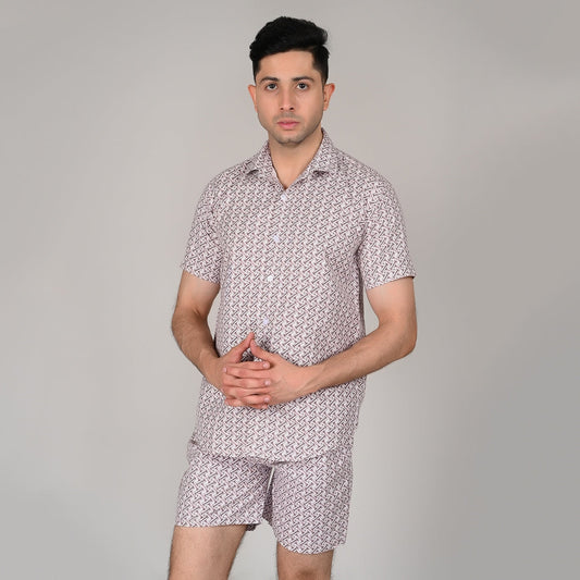 Men’s Stylish Shirt & Half Pant Co-ord Set | Brown Printed | Comfortable & Trendy Cotton Set with Modern Fit for Everyday Wear | CS‑46