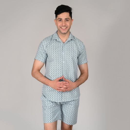Men’s Stylish Shirt & Half Pant Co-ord Set | Blue Printed | Comfortable & Trendy Cotton Set with Modern Fit for Everyday Wear | CS‑45