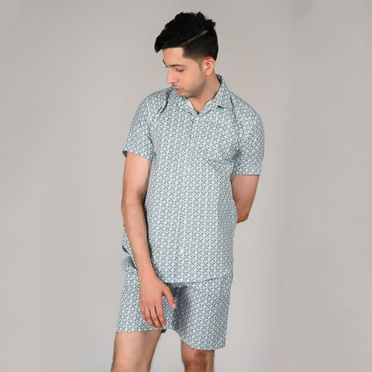 Men’s Stylish Shirt & Half Pant Co-ord Set | Blue Printed | Comfortable & Trendy Cotton Set with Modern Fit for Everyday Wear | CS‑45