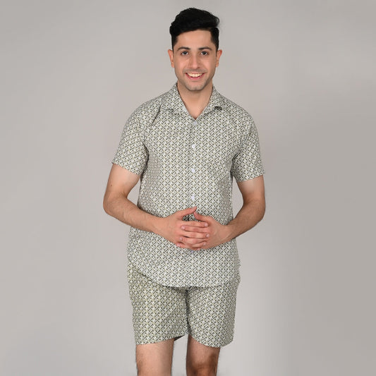 Men’s Stylish Shirt & Half Pant Co-ord Set | Green Printed | Comfortable & Trendy Cotton Set with Modern Fit for Everyday Wear| CS‑44
