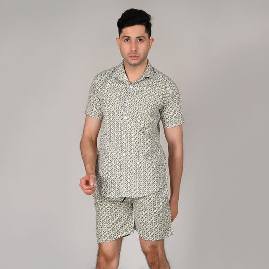 Men’s Stylish Shirt & Half Pant Co-ord Set | Green Printed | Comfortable & Trendy Cotton Set with Modern Fit for Everyday Wear| CS‑44