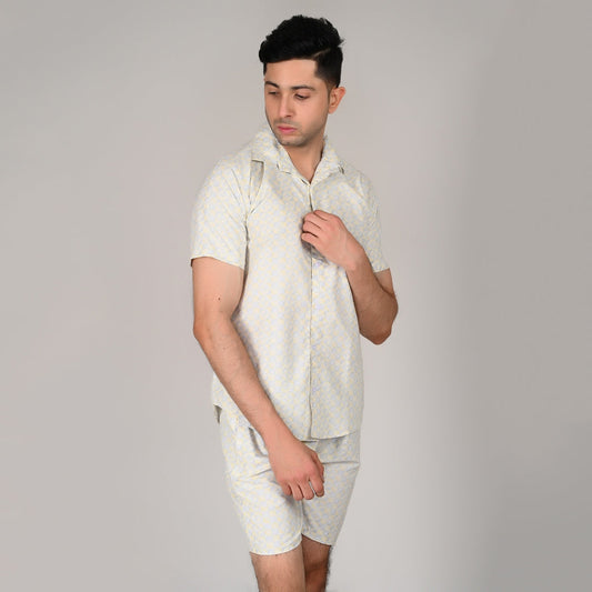 Men’s Stylish Shirt & Half Pant Co-ord Set | Grey Printed | Comfortable & Trendy Cotton Set with Modern Fit for Everyday Wear | CS‑43