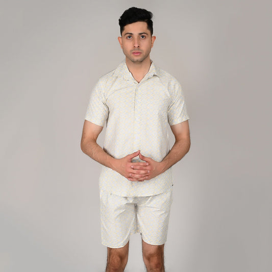 Men’s Stylish Shirt & Half Pant Co-ord Set | Grey Printed | Comfortable & Trendy Cotton Set with Modern Fit for Everyday Wear | CS‑43