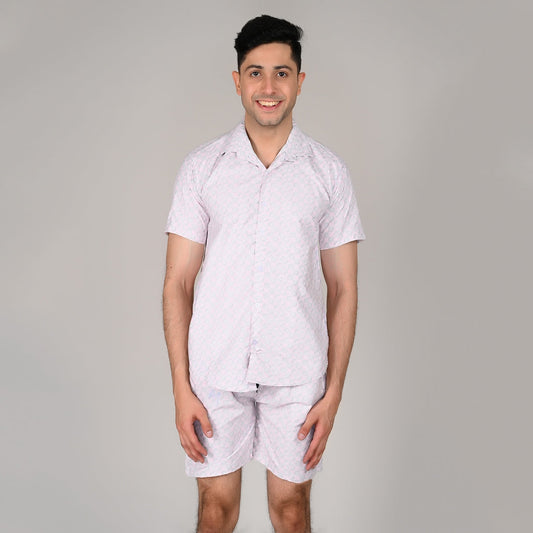 Men’s Stylish Shirt & Half Pant Co-ord Set | White Printed | Comfortable & Trendy Cotton Set with Modern Fit for Everyday Wear| CS‑42