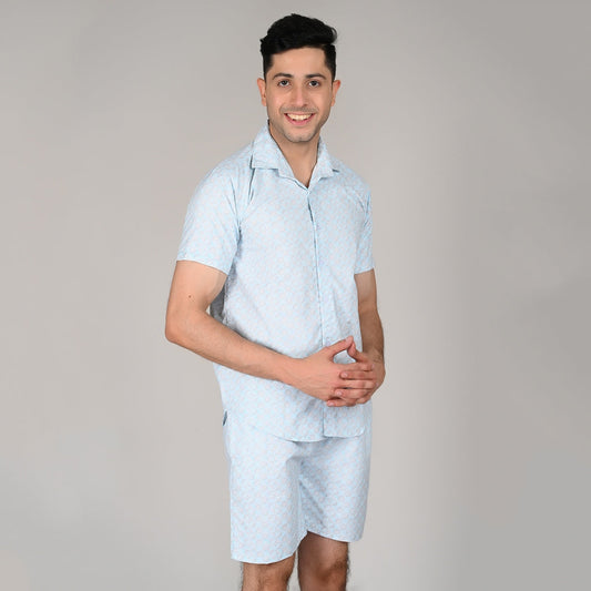 Men’s Stylish Shirt & Half Pant Co-ord Set | Blue Printed | Comfortable & Trendy Cotton Set with Modern Fit for Everyday Wear | CS‑41