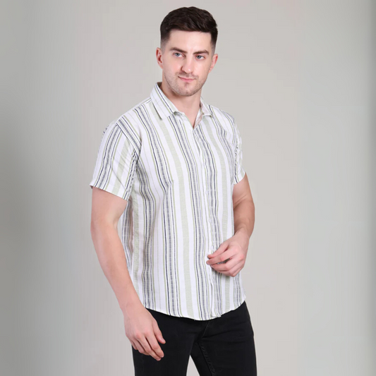 Men’s Casual White Striped Half Sleeve Cotton Shirt | kottonthread | GHS-195
