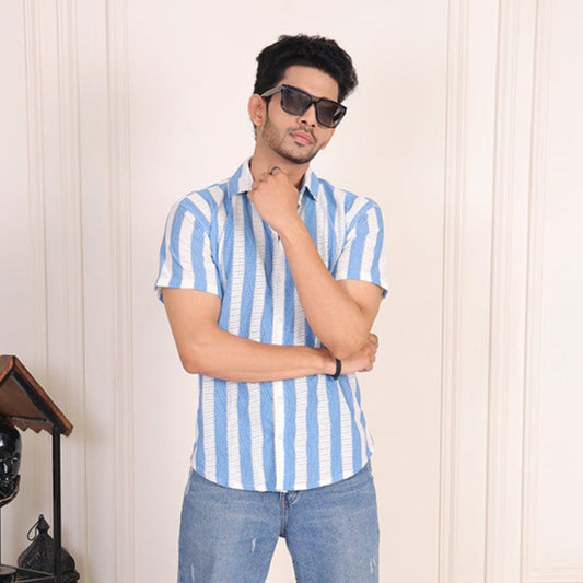 Men’s Casual Blue & White Striped Half Sleeve Cotton Shirt | kottonthread | SHS‑03