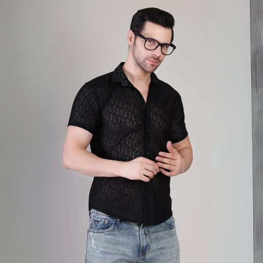 Men’s Casual Black Half Sleeve Cotton Shirt | kottonthreade | SHS‑153