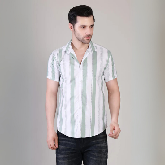 Men’s Casual Sea Green Striped Half Sleeve Cotton Shirt | kottonthread | UHSS-172