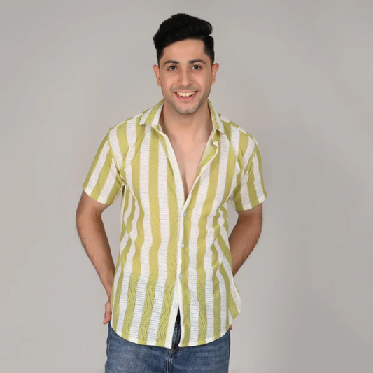 Men’s Casual Lime Green & White Striped Half Sleeve Cotton Shirt | kottonthread | SHS‑01