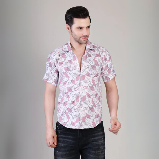 Men’s Casual Pink Leaf Printed Checked Half Sleeve Cotton Shirt | kottonthread | UHSS‑133