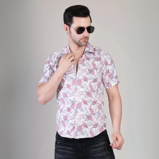 Men’s Casual Pink Leaf Printed Checked Half Sleeve Cotton Shirt | kottonthread | UHSS‑133