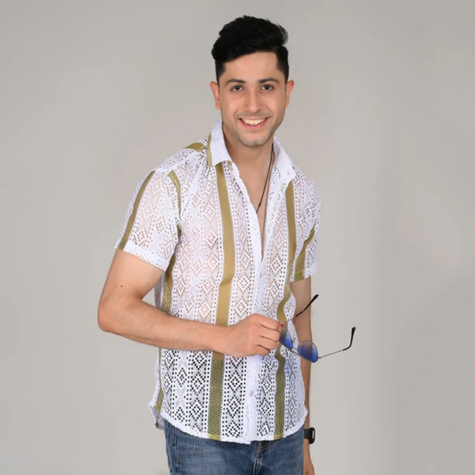 Men’s Casual White & Light Brown Striped Half Sleeve Cotton Shirt | kottonthread | SHS‑02