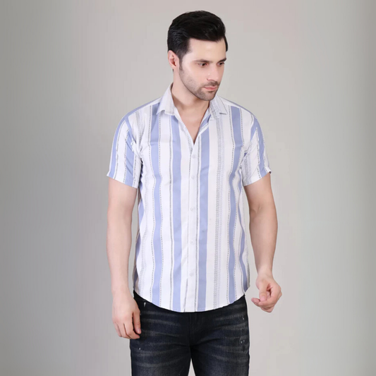 Men’s Casual Classic Blue Striped Half Sleeve Cotton Shirt | kottonthread  | UHSS‑171