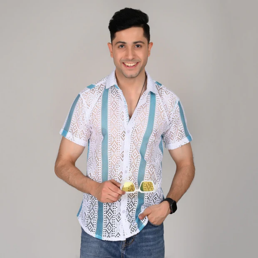 Men’s Casual Blue & White Knitted Half Sleeve Cotton Shirt | kottonthread | SHS‑07