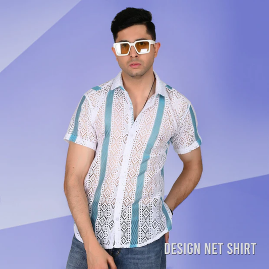 Men’s Casual Blue & White Knitted Half Sleeve Cotton Shirt | kottonthread | SHS‑07