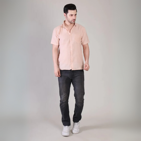 Affordable Men’s Casual Beige Plain Half Sleeve Cotton Shirt | kottonthread | BHS‑125