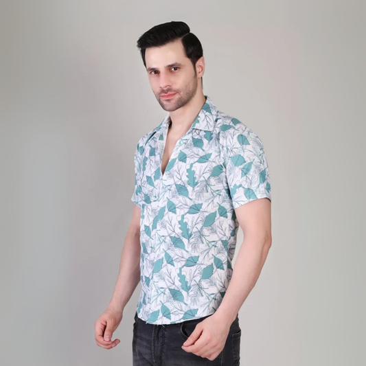 Men’s Casual Blue Leaf Printed Half Sleeve Cotton Shirt | kottonthread | UHSS‑135