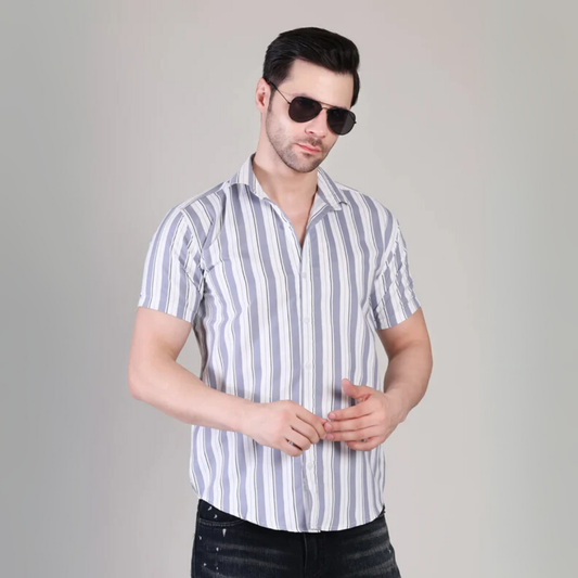 Men’s Casual Grey Striped Half Sleeve Cotton Shirt | kottonthread | UHSS‑168