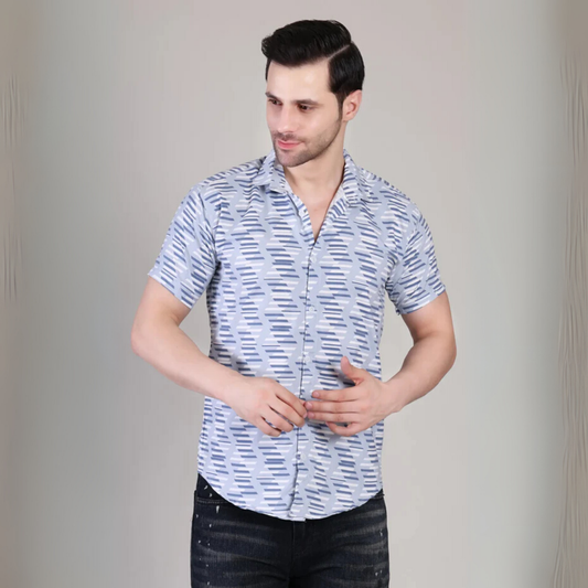 Men’s Casual Sky Blue Printed Checked Half Sleeve Cotton Shirt | kottonthread| UHSS-180