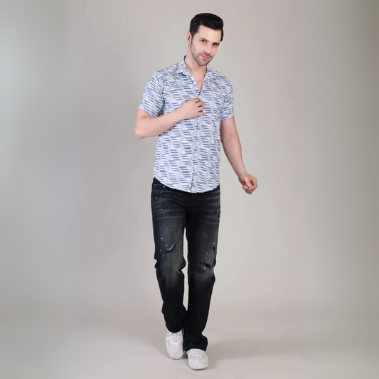 Men’s Casual Sky Blue Printed Checked Half Sleeve Cotton Shirt | kottonthread| UHSS-180