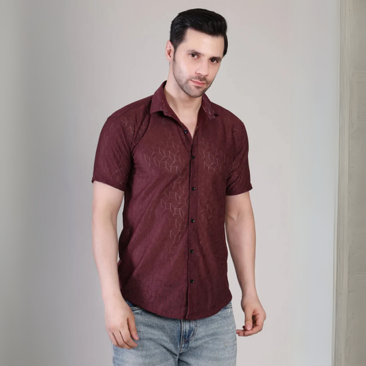 Men’s Casual Maroon Printed Half Sleeve Cotton Shirt | kottonthread | SHS-154