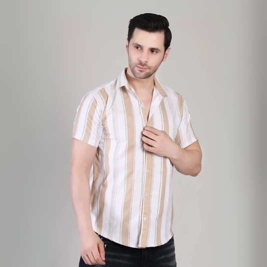 Men’s Casual Beige Striped Half Sleeve Cotton Shirt | kottonthread | UHSS‑173
