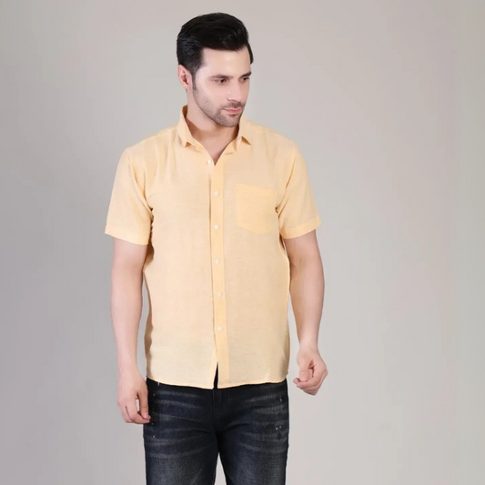 Affordable Men’s Casual Light Yellow Plain Half Sleeve Cotton Shirt | kottonthread | BHS‑123