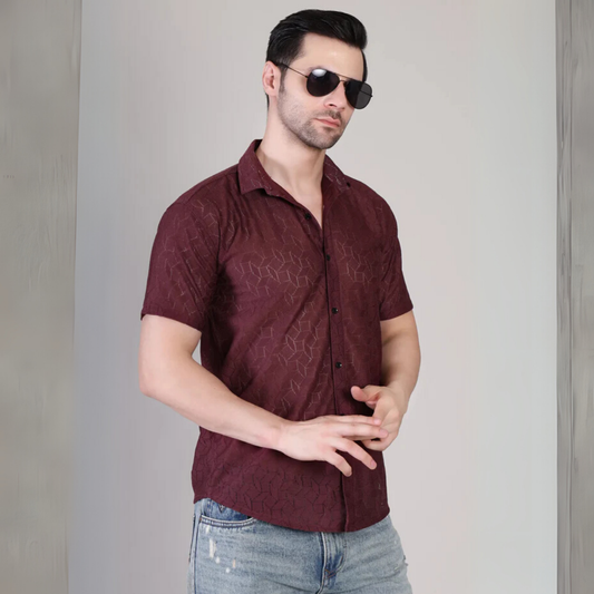 Men’s Casual Maroon Printed Half Sleeve Cotton Shirt | kottonthread | SHS-154