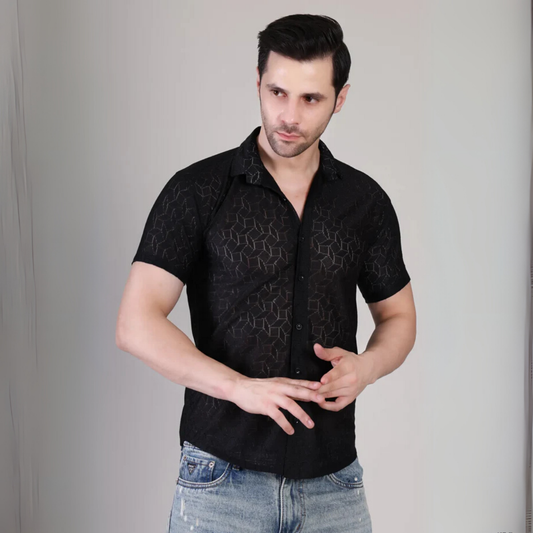 Men’s Casual Black Half Sleeve Cotton Shirt | kottonthreade | SHS‑153