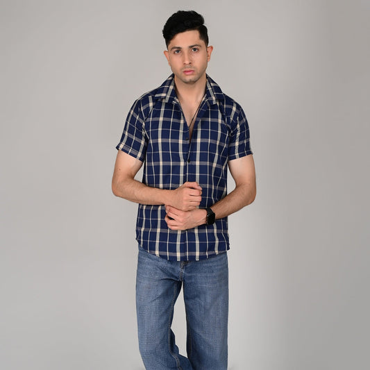 Men’s Casual Blue Checked Half Sleeve Cotton Shirt | kottonthread| UHSS‑15