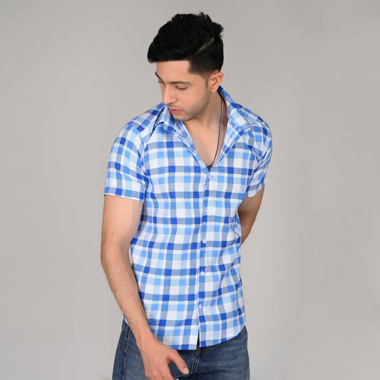 Men’s Casual Blue Checked Half Sleeve Cotton Shirt | kottonthread | UHSS‑13