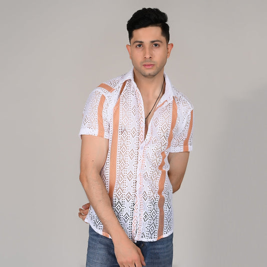 Men’s Casual Orange & White Knitted Half Sleeve Cotton Shirt | kottonthread | SHS‑06