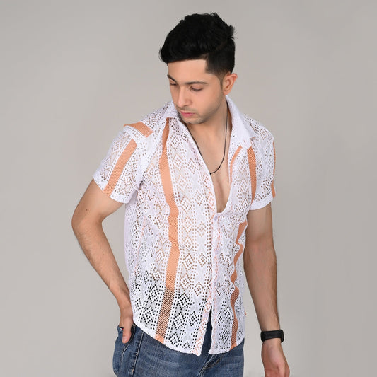 Men’s Casual Orange & White Knitted Half Sleeve Cotton Shirt | kottonthread | SHS‑06
