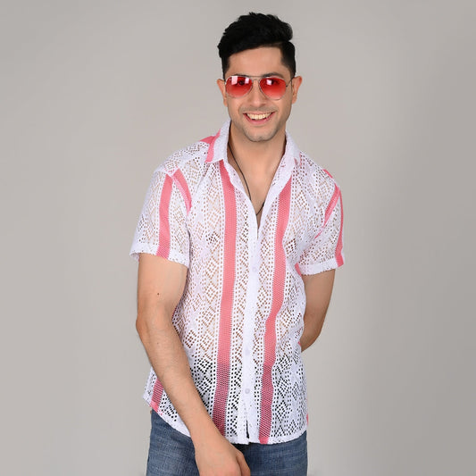 Men’s Casual Pink & White Knitted Half Sleeve Cotton Shirt | kottonthread | SHS‑05