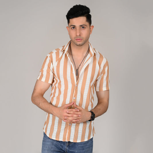 Men’s Casual Orange & White Striped Half Sleeve Cotton Shirt | kottonthread | SHS‑04