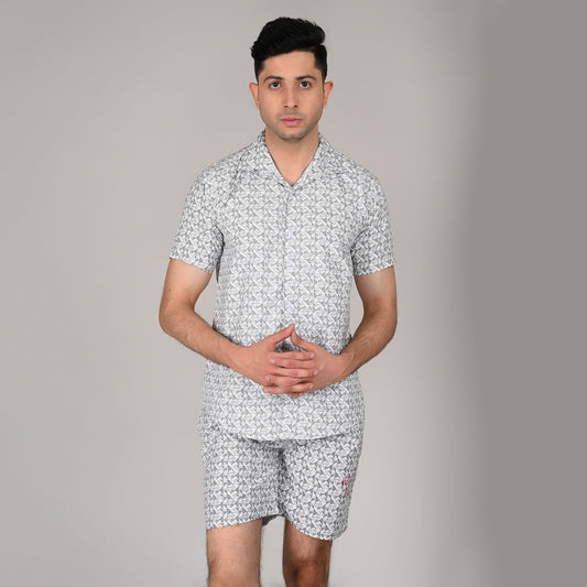 Men’s Stylish Shirt & Half Pant Co-ord Set | White Printed | Comfortable & Trendy Cotton Set with Modern Fit for Everyday Wear | CS‑49