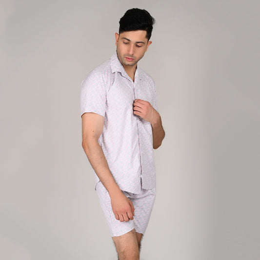 Men’s Stylish Shirt & Half Pant Co-ord Set | White Printed | Comfortable & Trendy Cotton Set with Modern Fit for Everyday Wear| CS‑42