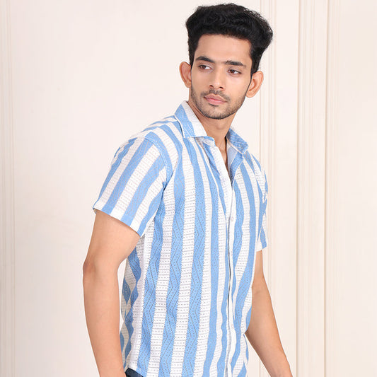 Men’s Casual Blue & White Striped  Half Sleeve Cotton Shirt | kottonthread | SHS‑03