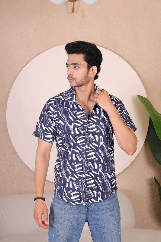 Men’s Casual Blue Printed Half Sleeve Cotton Shirt | kottonthread | UHSS‑128