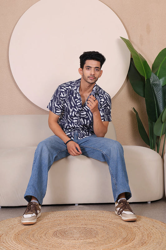 Men’s Casual Blue Printed Half Sleeve Cotton Shirt | kottonthread | UHSS‑128